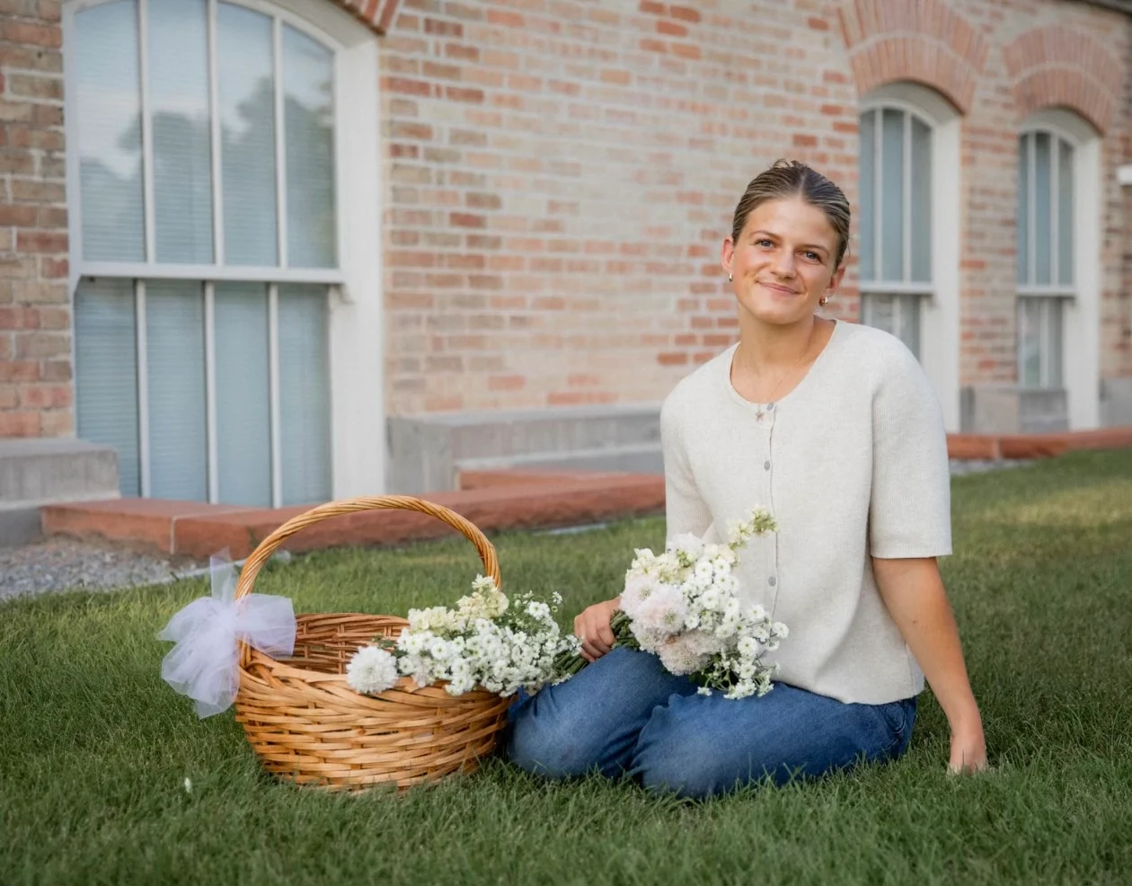 Loryn Castleberry kneels on the grass outside a brick building, smiling, with a basket of white flowers beside her and a bunch of white and blush blooms in her hand.